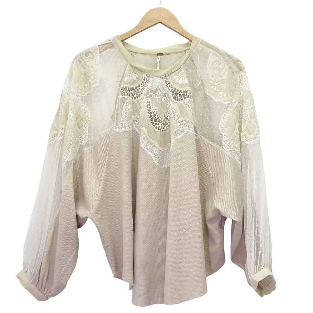 Free People Toni Boho Tunic Beige Lace Thermal Flowy Oversized Top Size Small